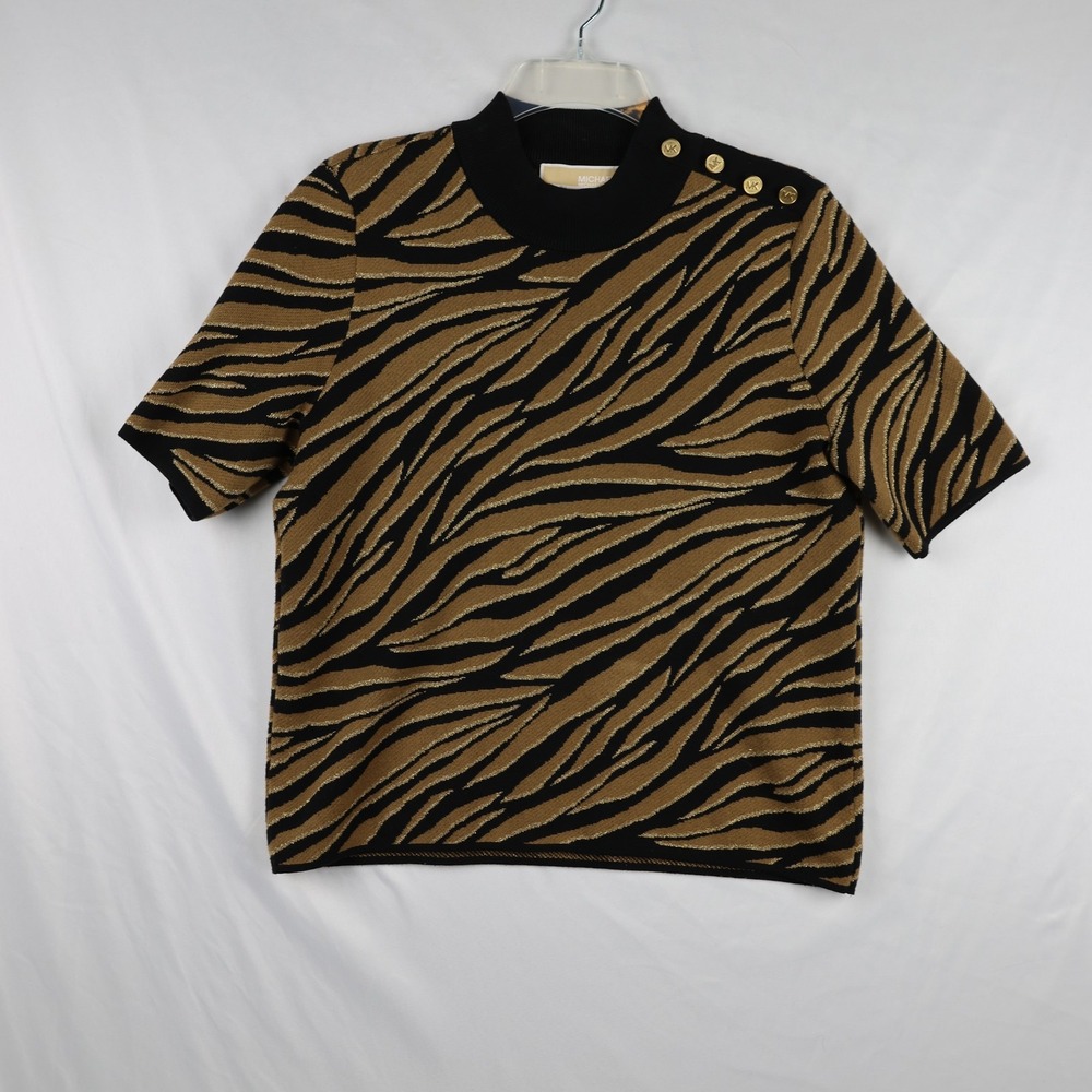 Michael Kors Sweater Womens Large Black Gold Animal Print Short Sleeve Knit Top
